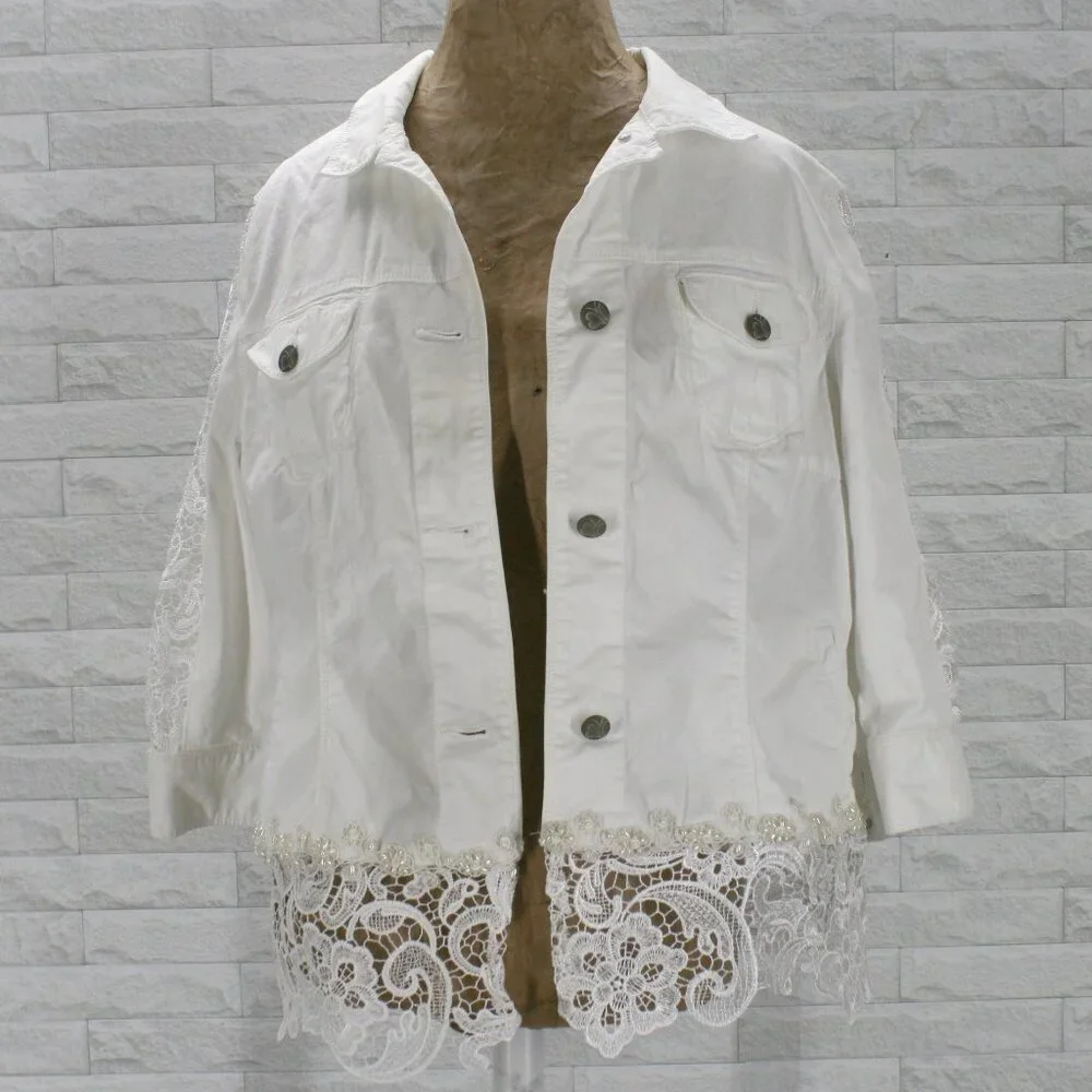 HAND CRAFTED Jacket Denim Upcycled Lace Pearl Floral White Plus Size 16 - Picture 2 of 16